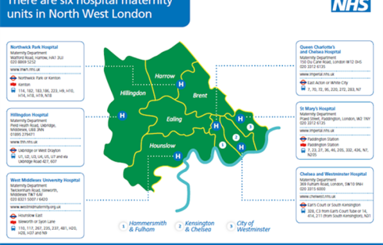 The title is 'there are six hospital maternity units in North West London', the boroughs shown are Harrow, Hillingdon, Brent, Ealing, Hammersmith and Fulham, Kensington and Chelsea, and City of Westminster.