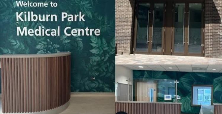 This is a picture of Kilburn Park Medical Centre. The picture is a collage of three images. The first image is the receptionist counter with the sign that says 'Welcome to Kilburn Park Medical Centre'.