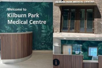 This is a picture of Kilburn Park Medical Centre. The picture is a collage of three images. The first image is the receptionist counter with the sign that says 'Welcome to Kilburn Park Medical Centre'.