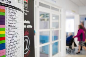 This is a picture of a hospital floor. On the left hand side there is a list of different rooms within the floor. The middle has white square windows and the right hand side has a lady pushing an individual in a wheelchair into the room.